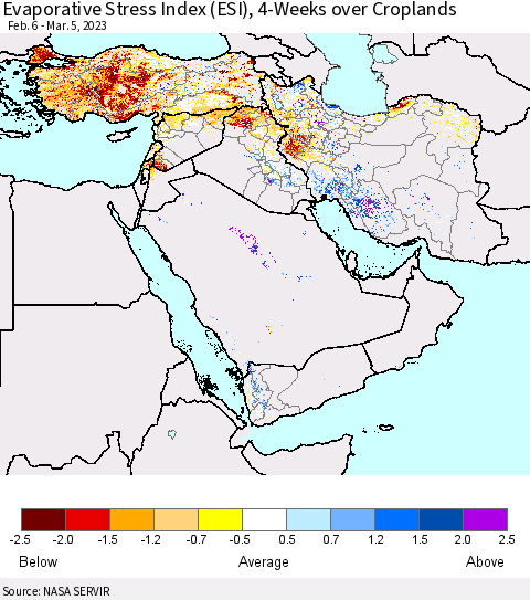 Middle East and Turkey Evaporative Stress Index (ESI), 4-Weeks over Croplands Thematic Map For 2/27/2023 - 3/5/2023