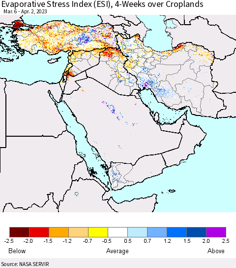 Middle East and Turkey Evaporative Stress Index (ESI), 4-Weeks over Croplands Thematic Map For 3/27/2023 - 4/2/2023