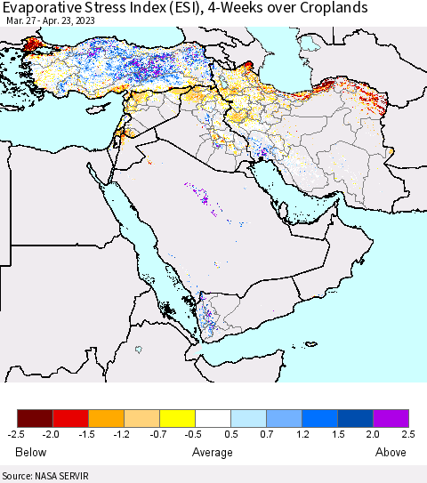 Middle East and Turkey Evaporative Stress Index (ESI), 4-Weeks over Croplands Thematic Map For 4/17/2023 - 4/23/2023