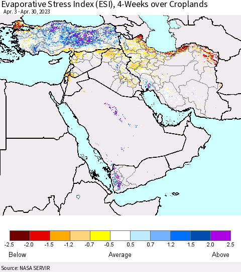 Middle East and Turkey Evaporative Stress Index (ESI), 4-Weeks over Croplands Thematic Map For 4/24/2023 - 4/30/2023