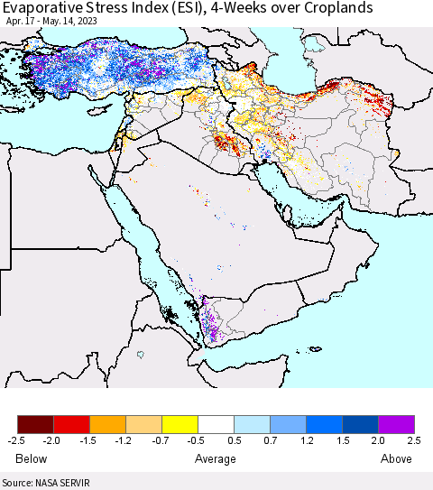 Middle East and Turkey Evaporative Stress Index (ESI), 4-Weeks over Croplands Thematic Map For 5/8/2023 - 5/14/2023
