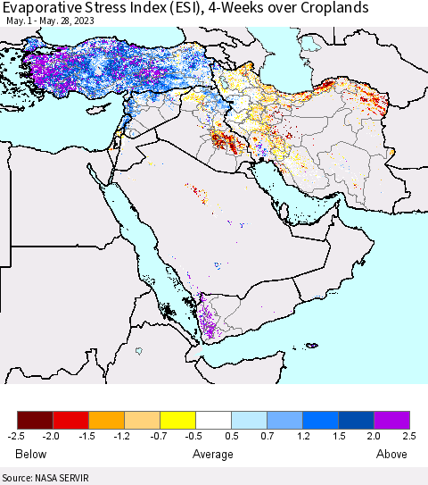 Middle East and Turkey Evaporative Stress Index (ESI), 4-Weeks over Croplands Thematic Map For 5/22/2023 - 5/28/2023