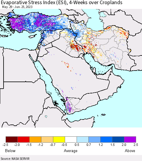 Middle East and Turkey Evaporative Stress Index (ESI), 4-Weeks over Croplands Thematic Map For 6/19/2023 - 6/25/2023