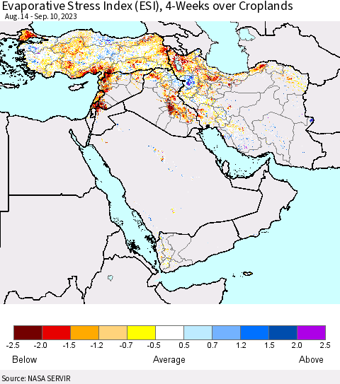 Middle East and Turkey Evaporative Stress Index (ESI), 4-Weeks over Croplands Thematic Map For 9/4/2023 - 9/10/2023