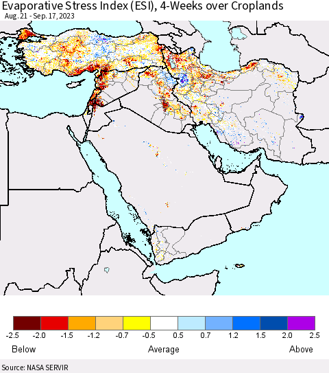 Middle East and Turkey Evaporative Stress Index (ESI), 4-Weeks over Croplands Thematic Map For 9/11/2023 - 9/17/2023