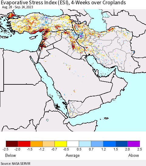 Middle East and Turkey Evaporative Stress Index (ESI), 4-Weeks over Croplands Thematic Map For 9/18/2023 - 9/24/2023