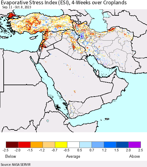 Middle East and Turkey Evaporative Stress Index (ESI), 4-Weeks over Croplands Thematic Map For 10/2/2023 - 10/8/2023