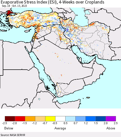 Middle East and Turkey Evaporative Stress Index (ESI), 4-Weeks over Croplands Thematic Map For 10/9/2023 - 10/15/2023