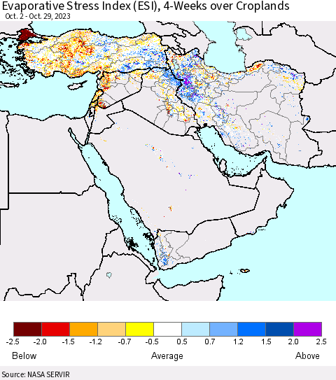 Middle East and Turkey Evaporative Stress Index (ESI), 4-Weeks over Croplands Thematic Map For 10/23/2023 - 10/29/2023