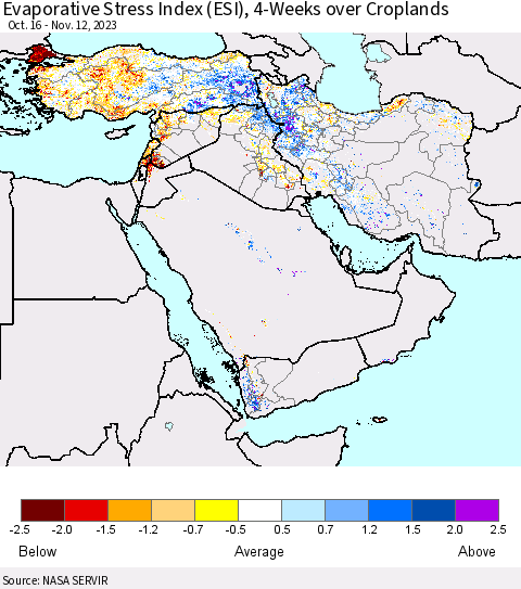 Middle East and Turkey Evaporative Stress Index (ESI), 4-Weeks over Croplands Thematic Map For 11/6/2023 - 11/12/2023