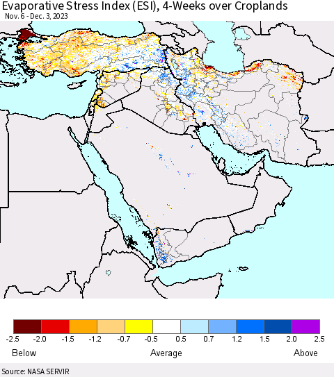 Middle East and Turkey Evaporative Stress Index (ESI), 4-Weeks over Croplands Thematic Map For 11/27/2023 - 12/3/2023