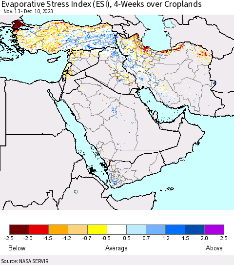 Middle East and Turkey Evaporative Stress Index (ESI), 4-Weeks over Croplands Thematic Map For 12/4/2023 - 12/10/2023