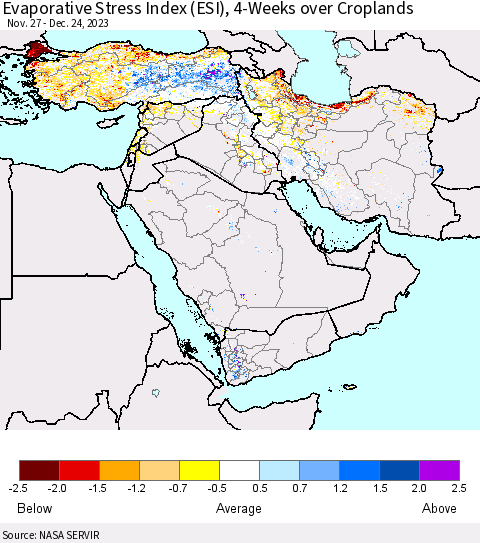 Middle East and Turkey Evaporative Stress Index (ESI), 4-Weeks over Croplands Thematic Map For 12/18/2023 - 12/24/2023
