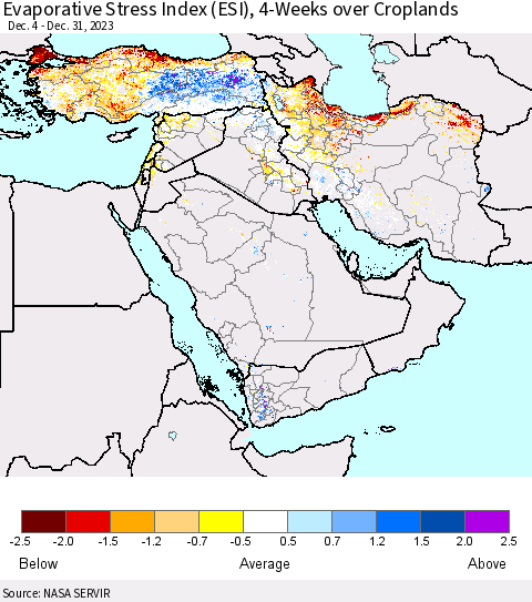 Middle East and Turkey Evaporative Stress Index (ESI), 4-Weeks over Croplands Thematic Map For 12/25/2023 - 12/31/2023