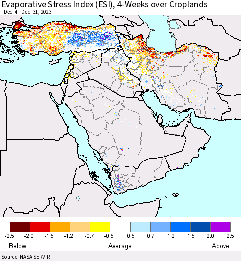 Middle East and Turkey Evaporative Stress Index (ESI), 4-Weeks over Croplands Thematic Map For 1/1/2024 - 1/7/2024
