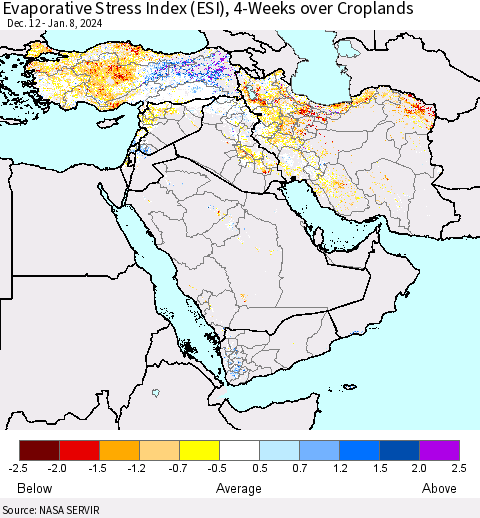Middle East and Turkey Evaporative Stress Index (ESI), 4-Weeks over Croplands Thematic Map For 1/8/2024 - 1/14/2024