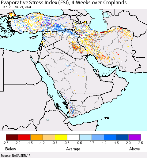 Middle East and Turkey Evaporative Stress Index (ESI), 4-Weeks over Croplands Thematic Map For 1/29/2024 - 2/4/2024