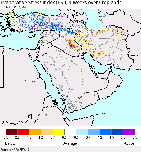 Middle East and Turkey Evaporative Stress Index (ESI), 4-Weeks over Croplands Thematic Map For 2/5/2024 - 2/11/2024