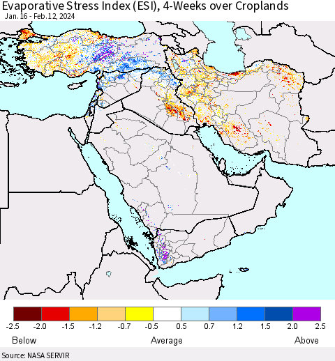 Middle East and Turkey Evaporative Stress Index (ESI), 4-Weeks over Croplands Thematic Map For 2/12/2024 - 2/18/2024