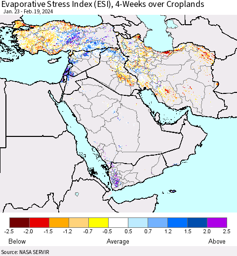 Middle East and Turkey Evaporative Stress Index (ESI), 4-Weeks over Croplands Thematic Map For 2/19/2024 - 2/25/2024