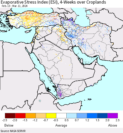 Middle East and Turkey Evaporative Stress Index (ESI), 4-Weeks over Croplands Thematic Map For 3/11/2024 - 3/17/2024