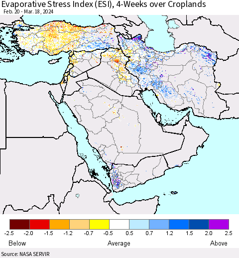 Middle East and Turkey Evaporative Stress Index (ESI), 4-Weeks over Croplands Thematic Map For 3/18/2024 - 3/24/2024