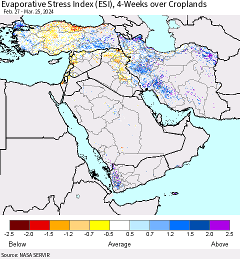 Middle East and Turkey Evaporative Stress Index (ESI), 4-Weeks over Croplands Thematic Map For 3/25/2024 - 3/31/2024