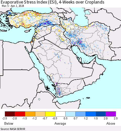 Middle East and Turkey Evaporative Stress Index (ESI), 4-Weeks over Croplands Thematic Map For 4/1/2024 - 4/7/2024