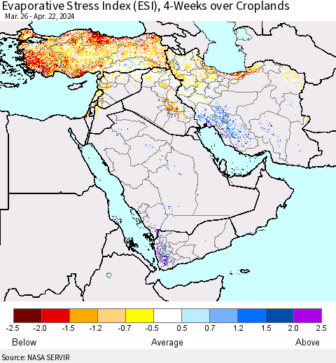 Middle East and Turkey Evaporative Stress Index (ESI), 4-Weeks over Croplands Thematic Map For 4/22/2024 - 4/28/2024