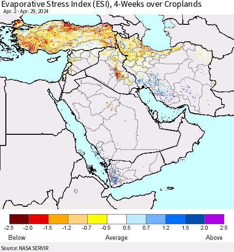 Middle East and Turkey Evaporative Stress Index (ESI), 4-Weeks over Croplands Thematic Map For 4/29/2024 - 5/5/2024