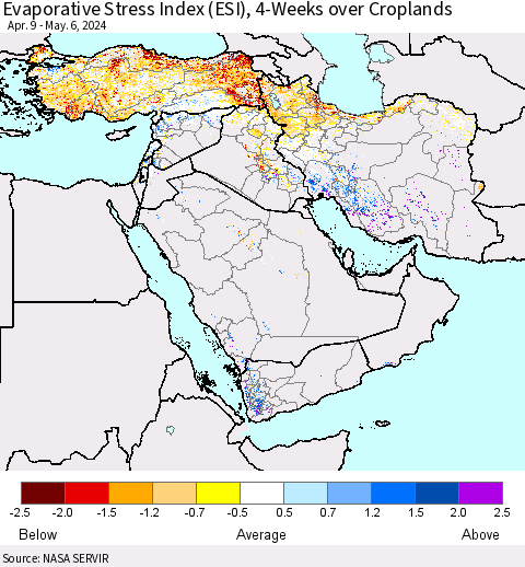 Middle East and Turkey Evaporative Stress Index (ESI), 4-Weeks over Croplands Thematic Map For 5/6/2024 - 5/12/2024