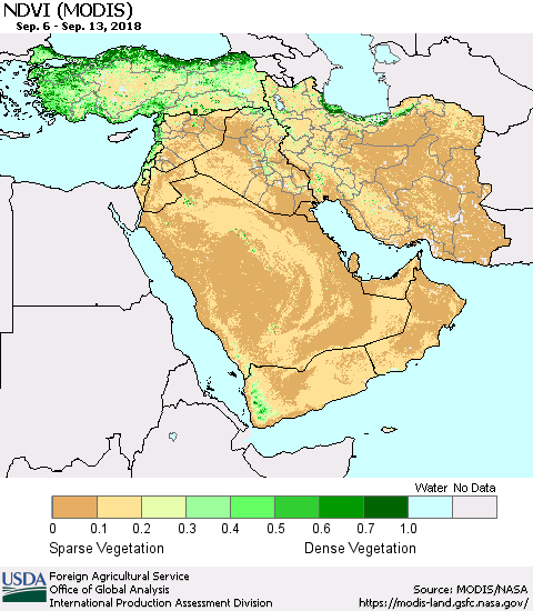 Middle East and Turkey NDVI (Terra-MODIS) Thematic Map For 9/11/2018 - 9/20/2018