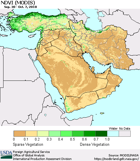 Middle East and Turkey NDVI (Terra-MODIS) Thematic Map For 10/1/2018 - 10/10/2018