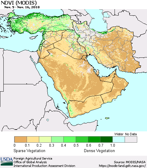 Middle East and Turkey NDVI (Terra-MODIS) Thematic Map For 11/11/2018 - 11/20/2018