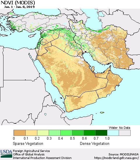 Middle East and Turkey NDVI (Terra-MODIS) Thematic Map For 1/1/2019 - 1/10/2019