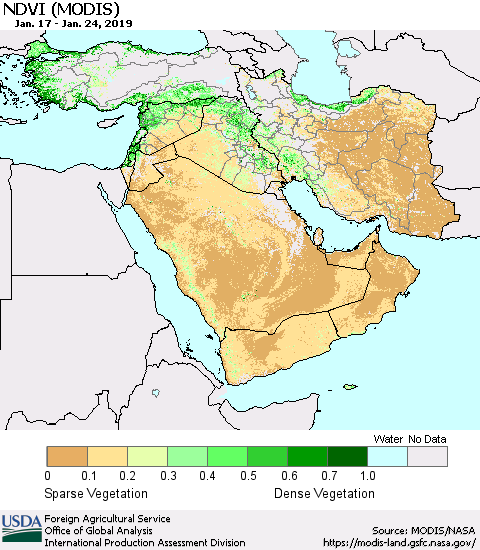 Middle East and Turkey NDVI (Terra-MODIS) Thematic Map For 1/21/2019 - 1/31/2019
