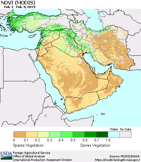Middle East and Turkey NDVI (Terra-MODIS) Thematic Map For 2/1/2019 - 2/10/2019
