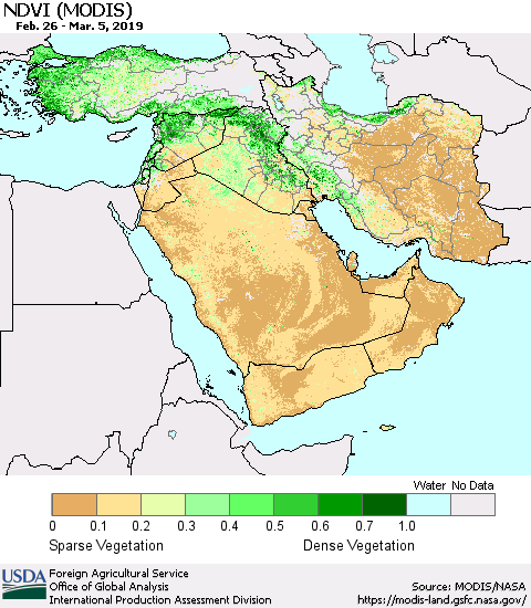 Middle East and Turkey NDVI (Terra-MODIS) Thematic Map For 3/1/2019 - 3/10/2019