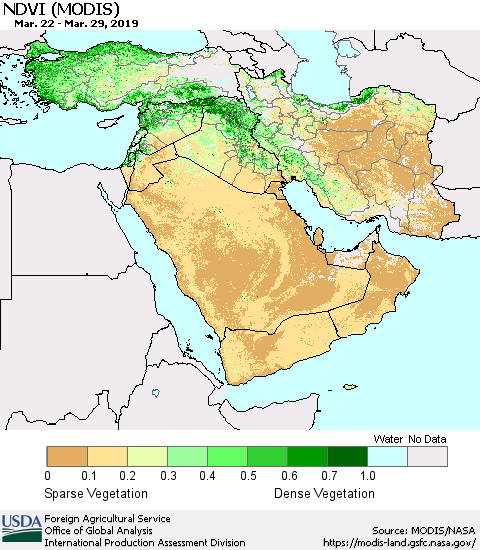 Middle East and Turkey NDVI (Terra-MODIS) Thematic Map For 3/21/2019 - 3/31/2019