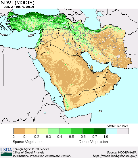 Middle East and Turkey NDVI (Terra-MODIS) Thematic Map For 6/1/2019 - 6/10/2019