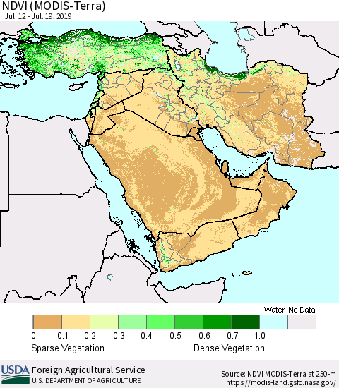 Middle East and Turkey NDVI (Terra-MODIS) Thematic Map For 7/11/2019 - 7/20/2019