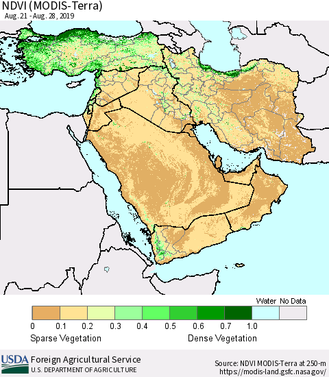 Middle East and Turkey NDVI (MODIS-Terra) Thematic Map For 8/21/2019 - 8/31/2019