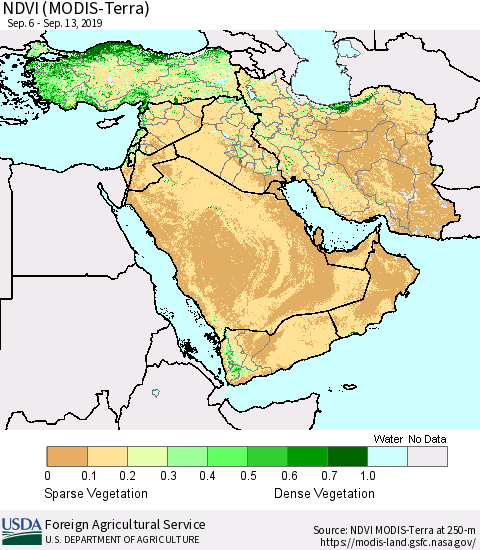 Middle East and Turkey NDVI (MODIS-Terra) Thematic Map For 9/11/2019 - 9/20/2019