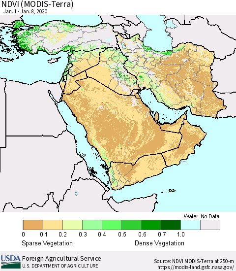 Middle East and Turkey NDVI (MODIS-Terra) Thematic Map For 1/1/2020 - 1/10/2020
