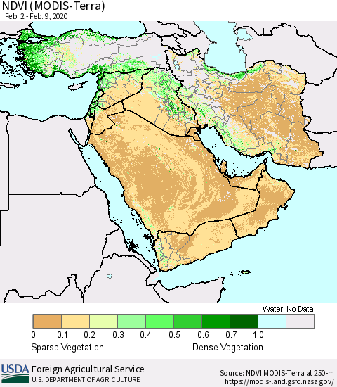 Middle East and Turkey NDVI (MODIS-Terra) Thematic Map For 2/1/2020 - 2/10/2020