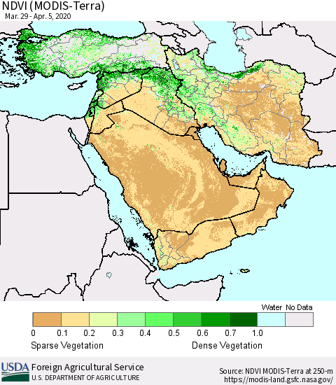 Middle East and Turkey NDVI (MODIS-Terra) Thematic Map For 4/1/2020 - 4/10/2020