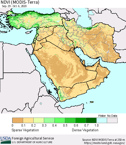 Middle East and Turkey NDVI (MODIS-Terra) Thematic Map For 10/1/2020 - 10/10/2020