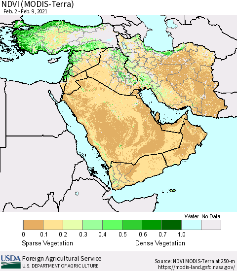 Middle East and Turkey NDVI (MODIS-Terra) Thematic Map For 2/1/2021 - 2/10/2021