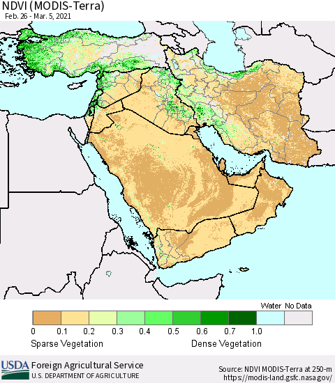 Middle East and Turkey NDVI (MODIS-Terra) Thematic Map For 3/1/2021 - 3/10/2021