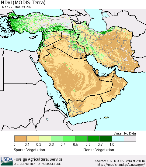 Middle East and Turkey NDVI (MODIS-Terra) Thematic Map For 3/21/2021 - 3/31/2021